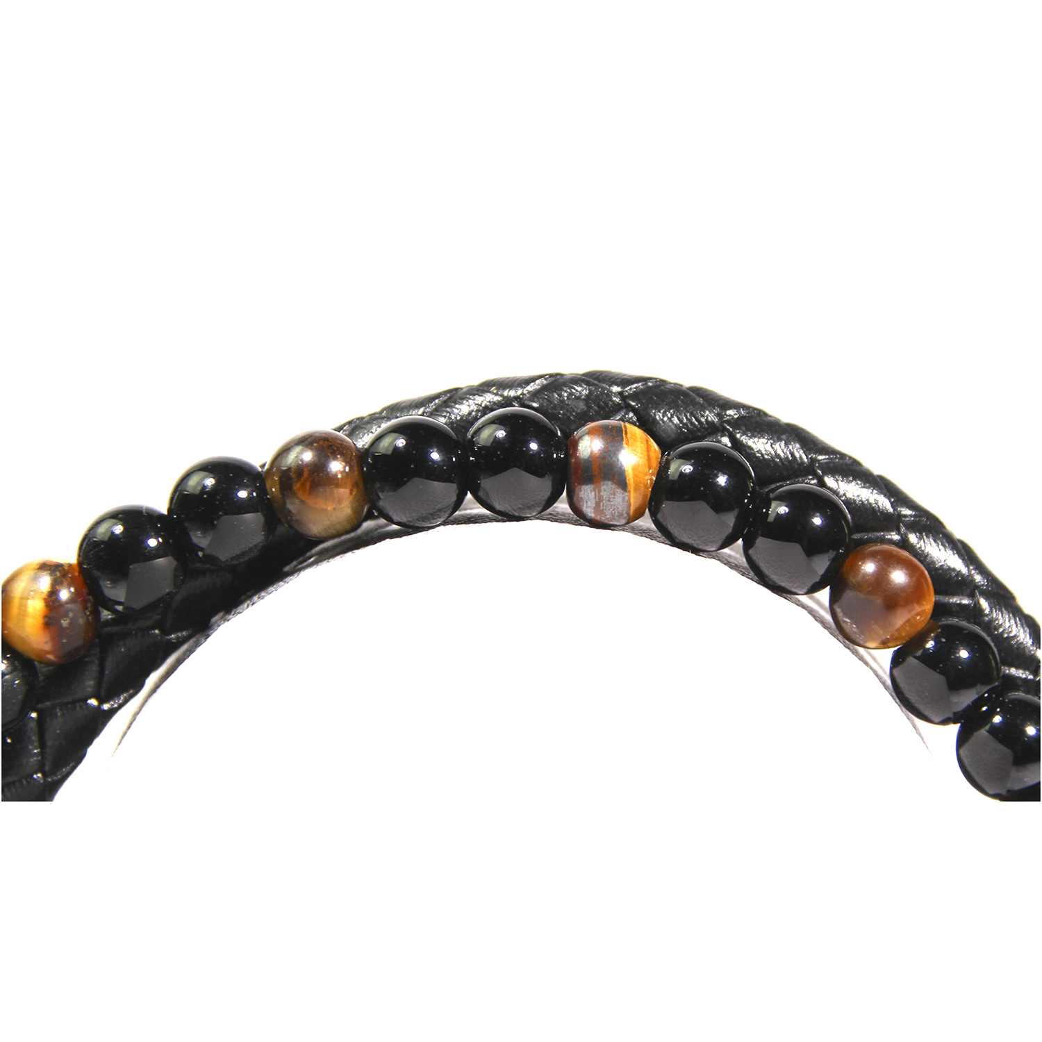Vista Detalle de Brazalete Cuero más esferas en colores negro y café