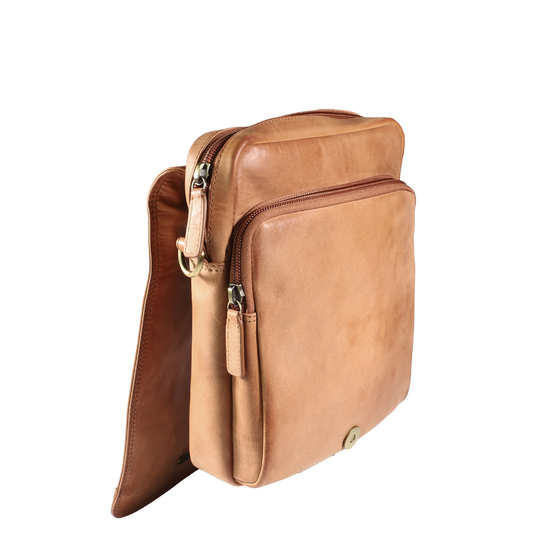 Vista Lateral mas apertura de Morral de cuero 2403 color Camel - Gino Rodinis