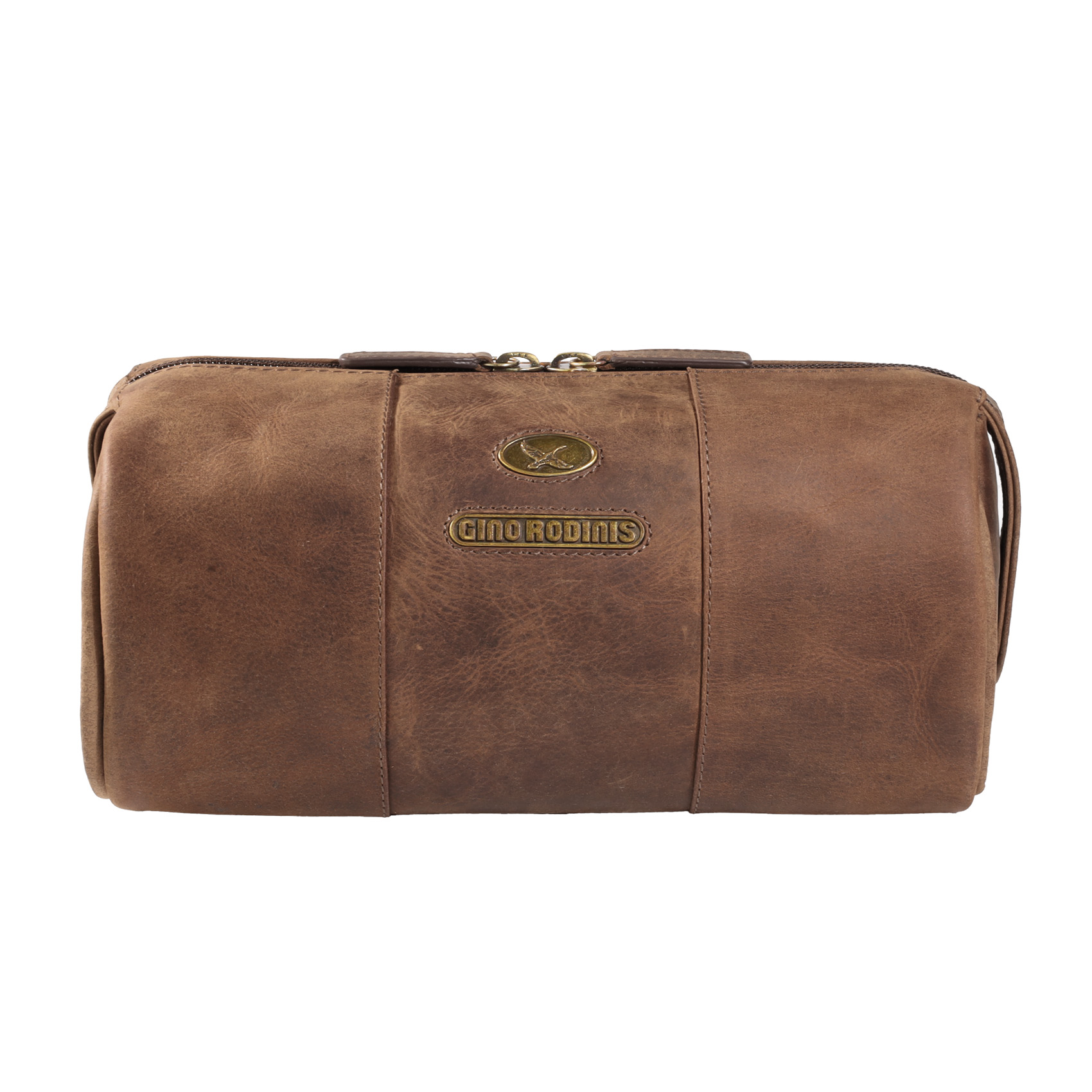 Vista frontal de necessaire de cuero 1293 color camel. Gino Rodinis