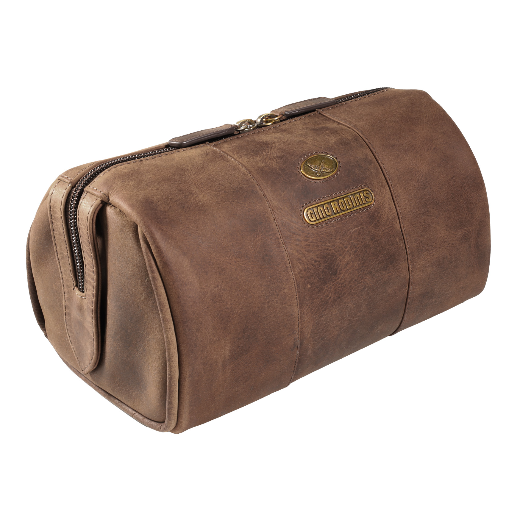 Vista lateral de necessaire de cuero 1293 color camel. Gino Rodinis