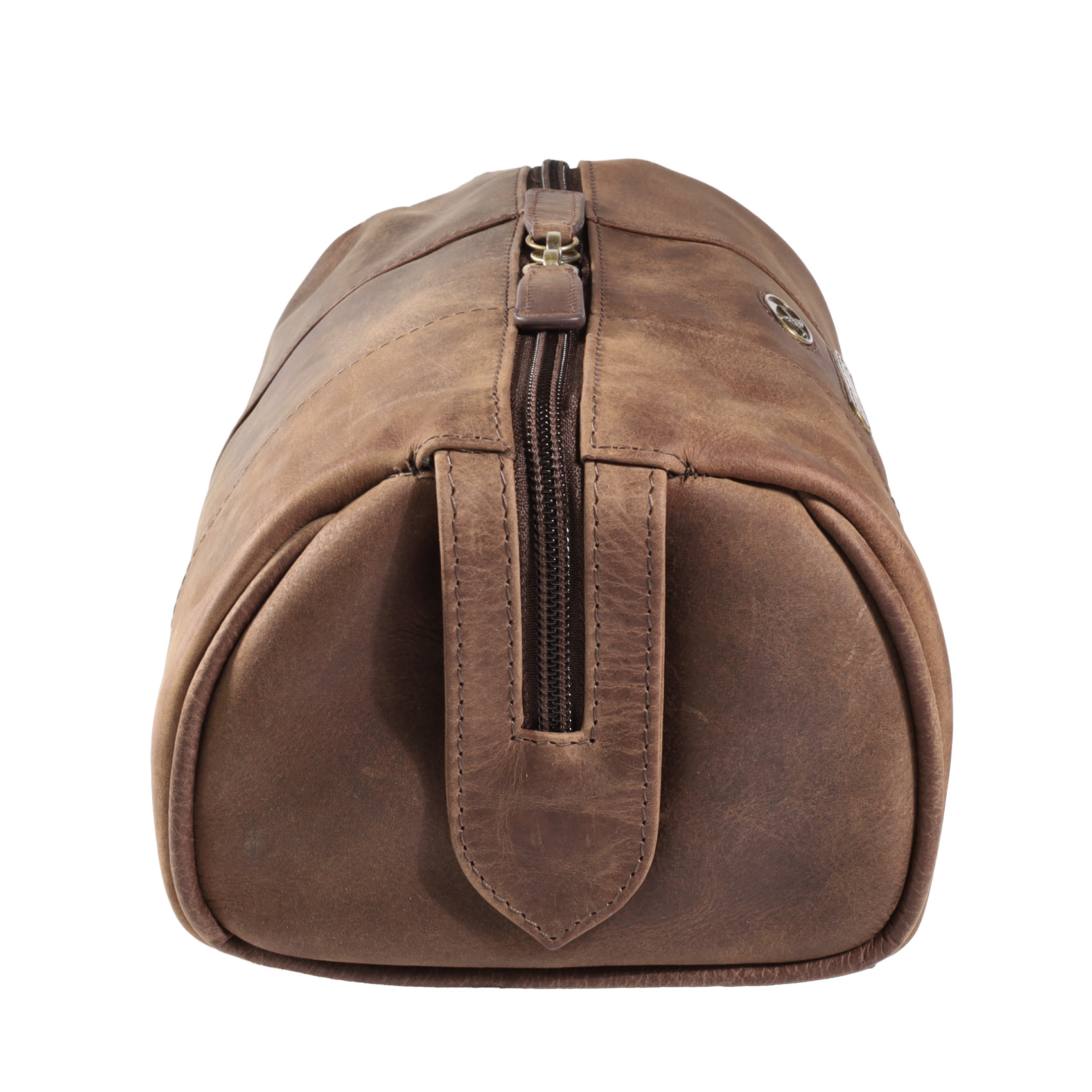 Vista lateral de necessaire de cuero 1293 color camel. Gino Rodinis