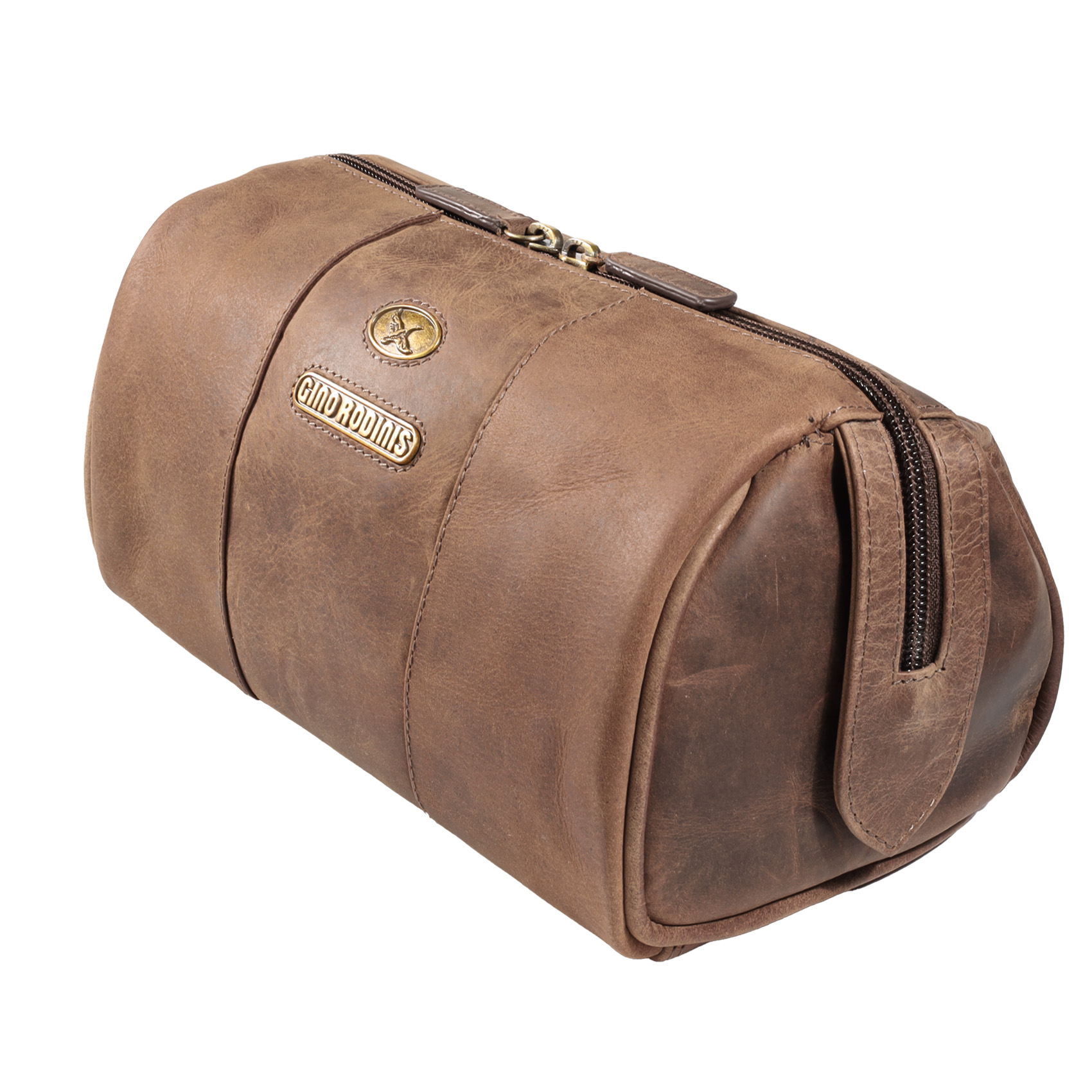 Vista lateral de necessaire de cuero 1293 color camel. Gino Rodinis