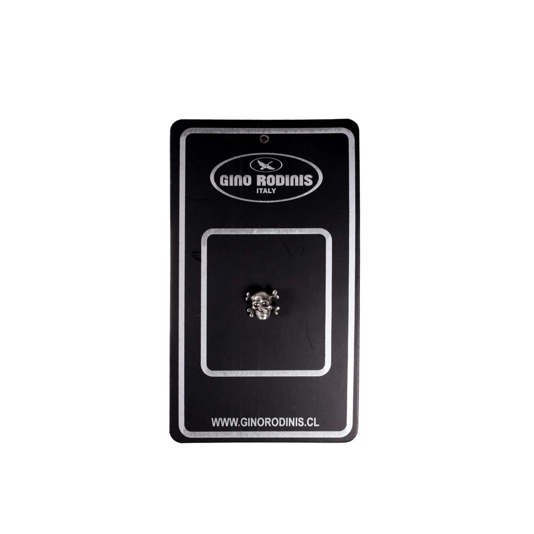 Vista frontal de Pin Tridimensional en su formato de presentación Pin037 - Calavera con Huesos